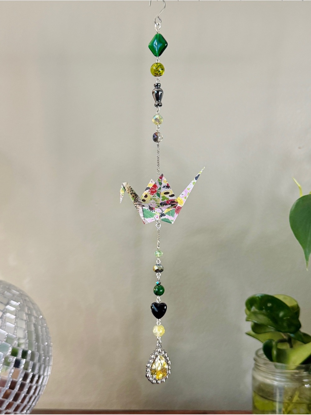 Origami Ornament #2579 - Medium Origami Crane, Repurposed Jewelry